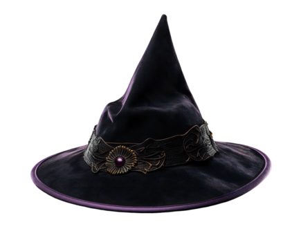 Dark and mysterious witch hat with golden embellishments for Halloween celebration, presented on transparent background