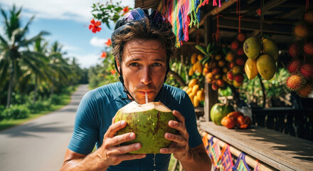 Thirsty Biker Man Drinking Fresh Coconut Water from a Fruit Stand on a Hot Day