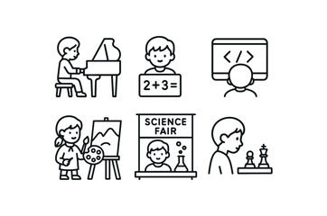 simple outline stroke icon items child prodigy (activities): piano performance math problem coding screen painting science fair chess game monoline icons style isolated on white background