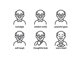 simple outline stroke icon items retired teacher (emotions): nostalgia wisdom smile peaceful gaze soft laugh thoughtful look warm heart monoline icons style isolated on white background