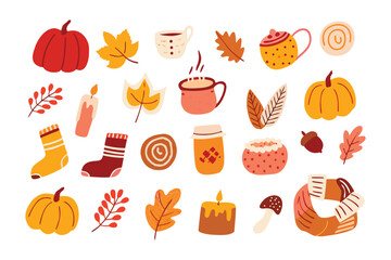 Autumnal Essence: An inviting array of hand-drawn illustrations, capturing the warmth and spirit of the autumn season. Featuring pumpkin, leaves, candle, mug and others