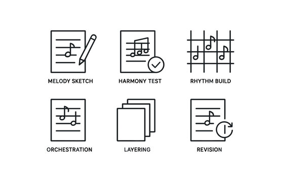 simple outline stroke icon items musical composition (process): melody sketch harmony test rhythm build orche simple outline stroke icon itemsation layering revision monoline icons style