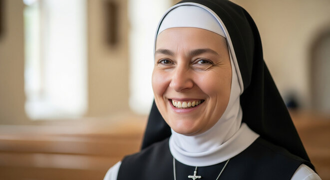 Happy cheerful nun smiling. Religion, Christianity, Catholicism, Orthodoxy