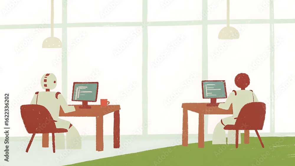 Poster futuristic office featuring a robot and a person collaborating on computers in a bright workspace