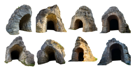 Unique Natural Rock Cave Formation Series in Various Lighting Conditions, isolated on transparent background