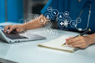 Medicine doctor hand working with modern digital laptop computer interface as medical network concept .