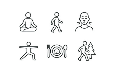 Obraz premium simple outline stroke icon items meditation retreat (activities): sitting meditation mindful walking breathing yoga simple outline stroke icon itemsetch silent meal forest walk monoline