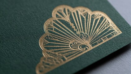 Close-up of a decorative peacock design embossed in gold on dark-green card