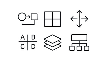 simple outline stroke icon items conceptual framework (visuals): diagram matrix arrows ab simple outline stroke icon itemsact grid layered box schema monoline icons style isolated on white