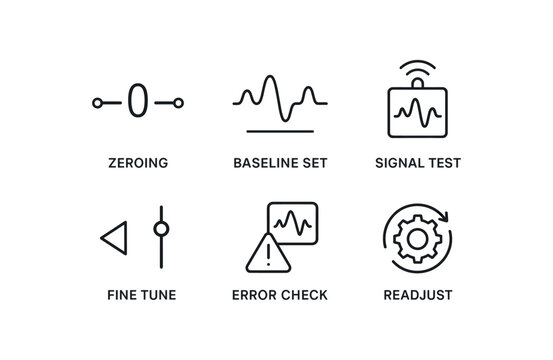 simple outline stroke icon items sensor calibration (process): zeroing baseline set signal test fine tune error check readjust monoline icons style isolated on white background