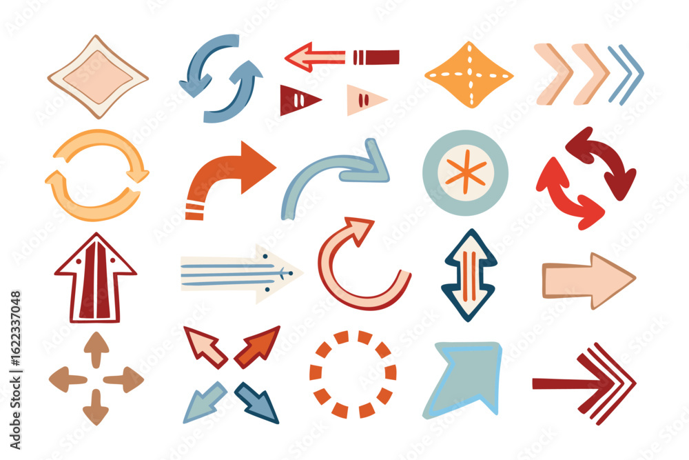 Poster set of directional signs: a collection of various signs and arrows, designed in a flat vector art st