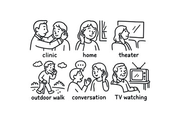 hand drawn cute doodle style line isolated on white background hearing aid tuning (contexts): clinic home theater outdoor walk conversation TV watching