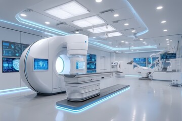 Modern, futuristic medical imaging suite.  High-tech equipment,  bright, spacious room,  advanced diagnostics