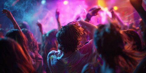 Obraz premium Energetic Crowd Dancing at Vibrant Nightclub Party with Colorful Lighting