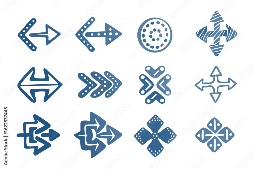 Poster navigational icons: a collection of twelve stylish blue directional arrows in a variety of designs. 