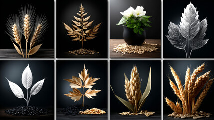 Black silhouette of ripe ears of cereal plants. Set of wheat, rye, barley, millet, oat ears or rice. Set of shadow elements symbol of grain agricultural crops, vector