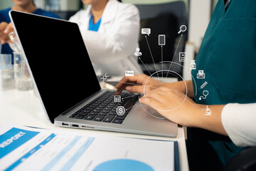 Medicine doctor hand working with modern digital laptop computer interface as medical network concept.