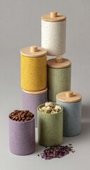 Stacked cylindrical containers with wooden lids in various pastel colors, speckled patterns, and filled with different items