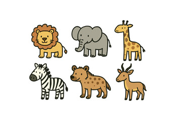 Fototapeta premium hand drawn cute doodle style line isolated on white background savanna ecosystem (animals): lion elephant giraffe zebra hyena antelope