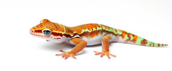Fototapeta premium A flattened gecko with intricate scales and vibrant patterns playfully poses against a stark white backdrop, animal photography, colorful