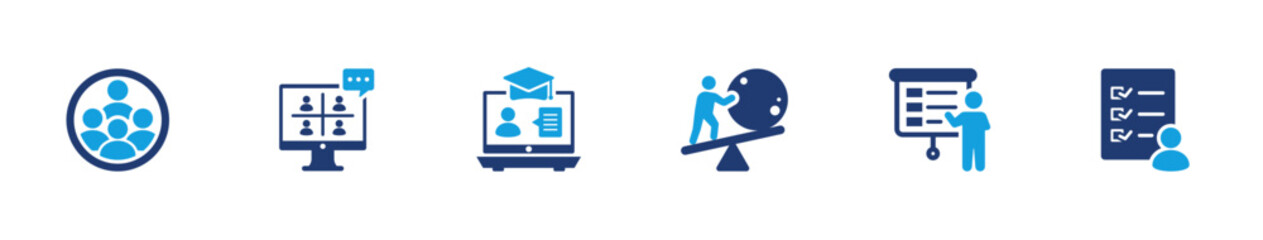 Workshop icons showing meeting, discussion, online class, global presentation, whiteboard, and study session in solid style for education themes