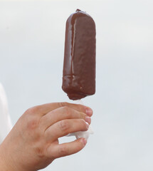 A hand holding a chocolate ice cream stick