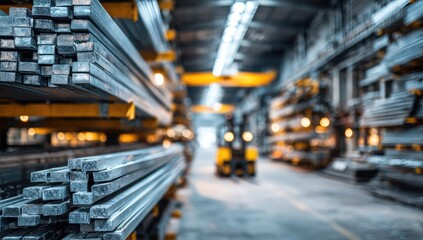 Metal beams stacked high in a warehouse