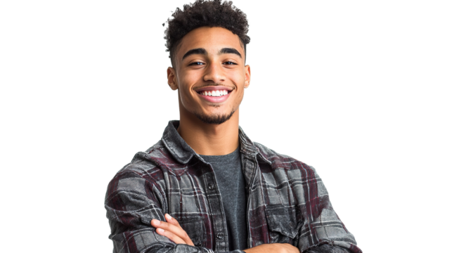A charismatic and attractive young man smiles confidently at the camera, isolated on a transparent background. PNG - Powered by Adobe