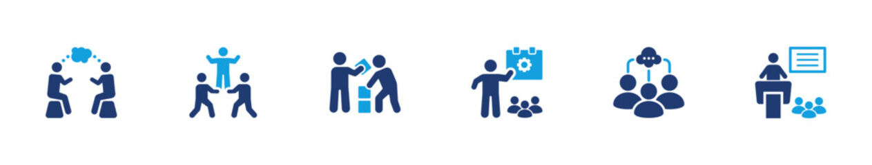 Workshop icons showing teamwork, coaching, presentation, mentoring, group discussion, seminar, and professional training activities