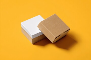 Two square gift boxes, one white, one kraft, on a bright yellow background