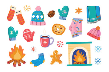 Winter Warmth: a delightful winter-themed collection of cozy items, including hats, mittens, and a fireplace. This vibrant illustration, evoking warmth and festive cheer.