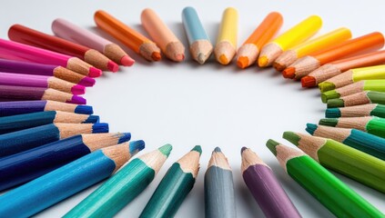Colorful pencils arranged in a circle, creating a vibrant frame around a blank space