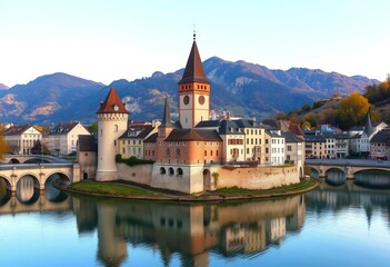 Fototapeta premium Annecy's medieval castle, canals, and alpine backdrop, scenery, architecture