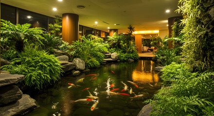 Indoor pond with colorful koi fish surrounded by lush green plants in modern hotel lobby
