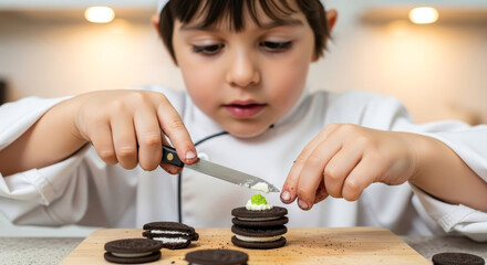 Adorable Little Boy Chef Decorating Cookies with a Knife in a Home Kitchen