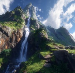 Lush mountain waterfall cascading down rocky slopes under a bright sky