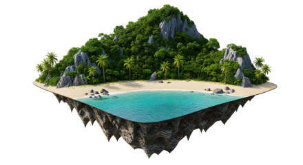 Floating Tropical Island with Lagoon and Lush Green Hill on Transparent Background