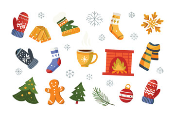 Festive winter elements: Cozy illustrations capturing the warmth and spirit of winter, with elements like mittens, socks, snowflakes, scarves, a fireplace, and more.  