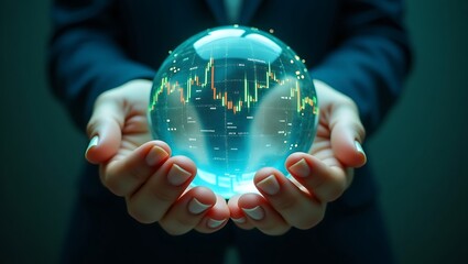 A person holding a glowing orb with stock market data inside against a dark background in their hands