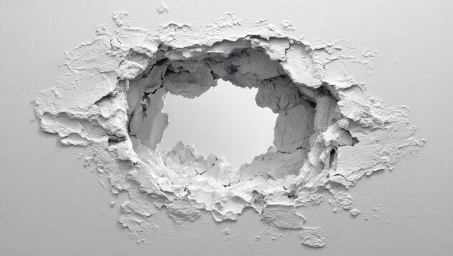 A circular hole punched through a textured, light gray surface.  Cracks and debris radiate outward from the opening