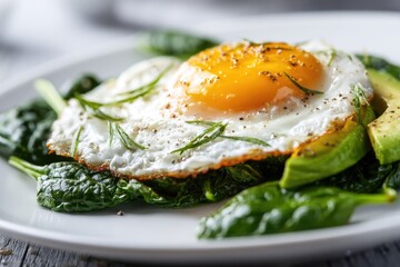 Fried egg atop spinach and avocado (1)