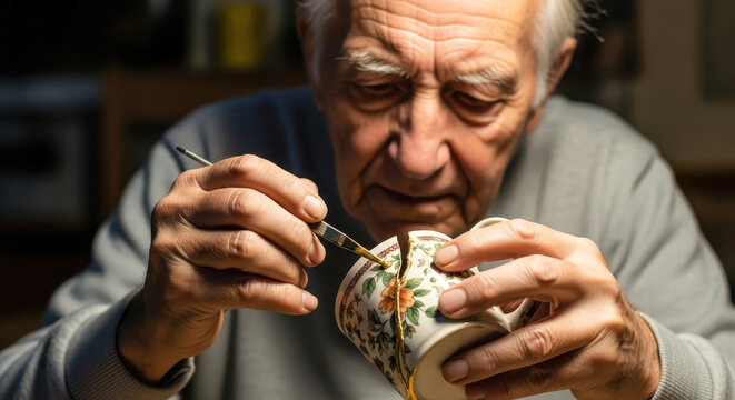 Senior Man Carefully Repairing a Broken Cup with Glue and a Small Brush