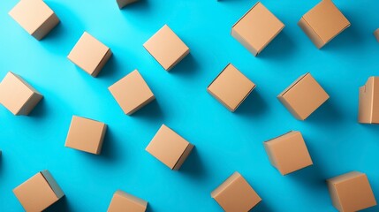 Many small, square, brown cardboard boxes on a bright blue background, arranged in a scattered pattern.
