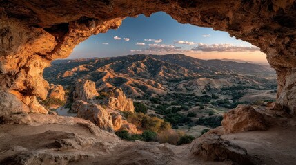 Obraz premium Cave opening reveals mountain vista at sunset