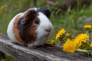 Adorable tricolor guinea pig sitting next to bright yellow dandelions on wooden bench

