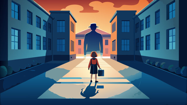 A young girl stands confidently in front of a large, shadowy figure at dusk, symbolizing courage and facing fears.