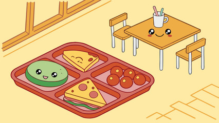 A colorful and playful cartoon depiction of a lunch tray with happy food characters, perfect for a cheerful children's setting.