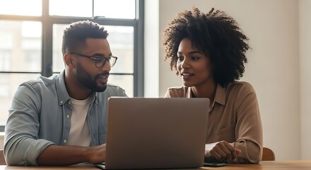 Diverse colleagues collaborating and discussing ideas while looking at a laptop screen