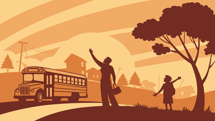 Fototapeta premium A man waves goodbye as a school bus departs, with a child happily waving in a warm sunset background.