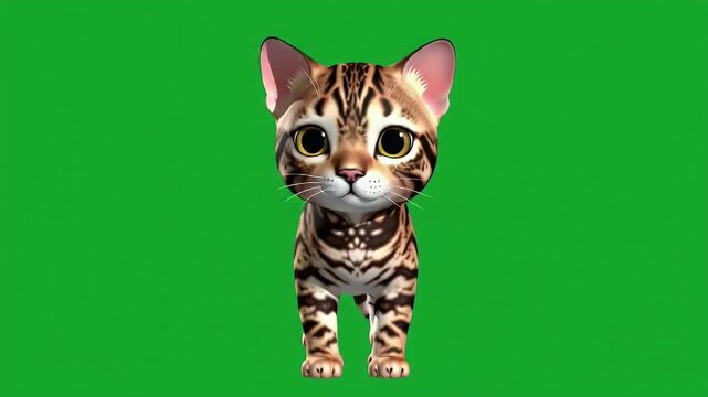 Animated Bengal Cat Standing Isolated by Green Screen with Brown and Black Rosette Spots